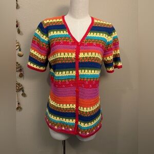 Vintage Crochet Casual Corner Multicolor Short Sleeve Ramie Cardigan Size M